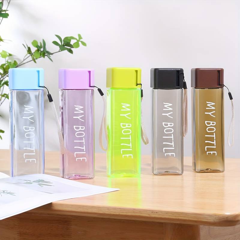 Simple Square Water Bottle, 500ml Plastic Water Cup, Transparent My Bottle With Hanging Rope, Large Mouth Water Cup With Lifting Rope And Lid Simple Square Water Bottle, 500ml Plastic Water Cup, Transparent My Bottle With Hanging Rope, Large Mouth Water Cup With Lifting Rope And Lid